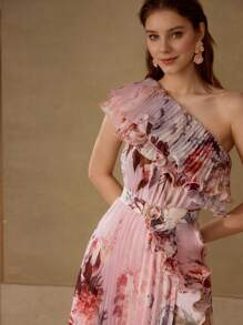 MOTF PREMIUM 飘逸花卉印花荷叶边百褶连衣裙 - 粉色 - 查看 7