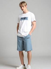 Wildeya Set de 2 piezas: Camiseta de manga corta con estampado de letras y cuello redondo informal en color negro + Pantalón corto de tela tejida en caqui para adolescentes, nuevo estilo clásico de verano
