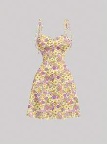 SHEIN MOD 肩部系带前褶饰腰部褶饰 A 字形连衣裙 - 彩色 - 查看 1