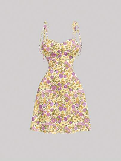 SHEIN MOD 肩部系带前褶饰腰部褶饰 A 字形连衣裙