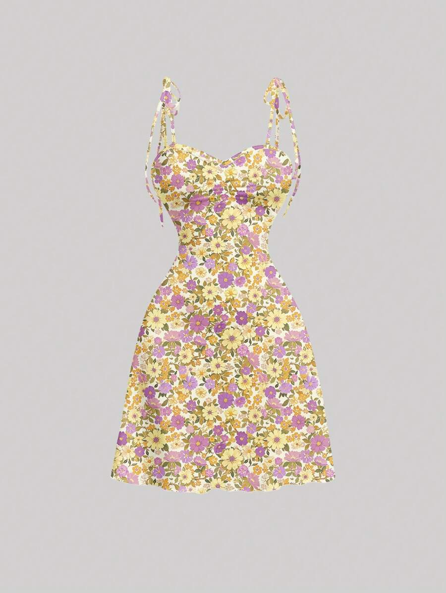 SHEIN MOD 肩部系带前褶饰腰部褶饰 A 字形连衣裙 - 彩色 - 查看 1