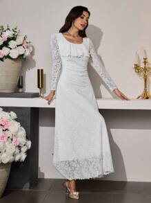 Modelyn Women Elegant Contrast Lace Ruffle Waist Midi Dress - White - View 7