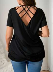 SHEIN Clasi 黑色加大码女式修身 T 恤，镂空后背带设计，时尚休闲短袖 T 恤，适合日常休闲穿着、郊游、通勤、外出、约会和派对 - 黑色 - 查看 2