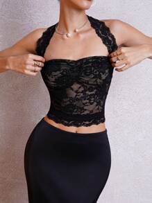 SHEIN Clasi Regata Ajustada Preta de Renda Semitransparente com Amarração no Pescoço para Mulheres