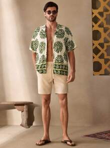 Manfinity VCAY 男士休闲花卉印花宽松落肩领短袖衬衫