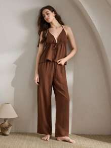 Ocili Ocili Leisure Women's Sexy Solid Color Backless Halter Neck Top And Pants Pajama Set, Summer