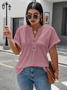 Calvaya Plus Size V-Neck Short Sleeve Tee With Textured Wooden Button Cuff Design, Casual & Commuter-Friendly - Dusty Pink - View 6