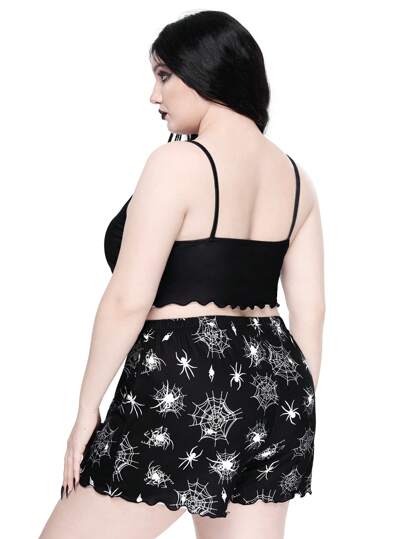 Goth Plus Size Gothic Spider Web Strap Shorts Pajamas Set