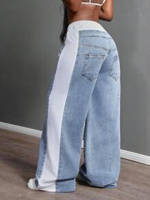 Slaydiva 女式菱形装饰口袋宽腿宽松休闲百搭牛仔裤