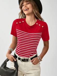 SHEIN LUNE Áo thun nữ tay ngắn cổ tròn kẻ sọc và in họa tiết, kiểu dáng thường ngày, thích hợp cho mùa hè. - Đỏ - Xem 3