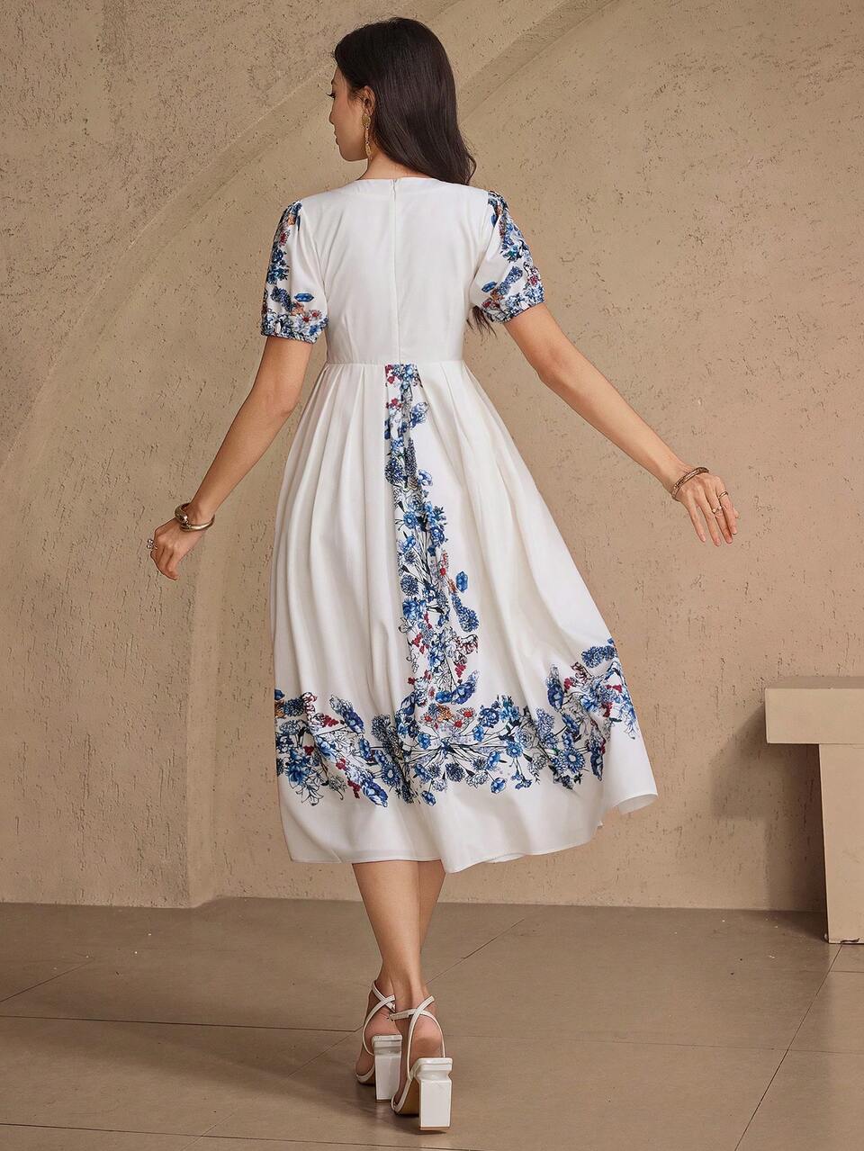 V-Neck Blue And White Porcelain Print Mid-Length Women Dress Boho Vacation Outfits Women