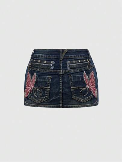 Grunge Punk Plus Size Retro Washed Butterfly Embroidered Fitted Mini Denim Skirt