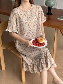 Camisón informal holgado para adolescentes con cuello redondo, encaje y estampado floral menudo