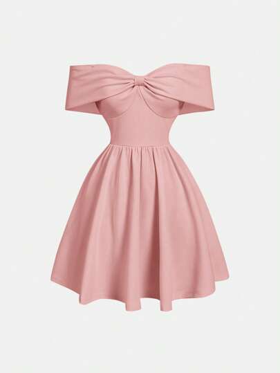 SHEIN MOD Off-Shoulder Bowknot Neck Waist Fit And Flare Dress,Graduation Dresses