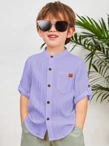 SHEIN LMoss Kids Áo sơ mi cổ bẻ cơ bản thường ngày cho bé trai LMoss có túi, thoải mái và thoáng khí - Màu tím - Xem 3