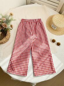SHEIN LMoss Kids LMoss Young Girl Woven Plaid Loose Casual Pants - Red - View 2