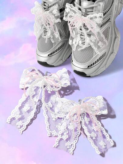 Kawaii 2 pezzi Eleganti e dolci, versatili, di alta moda, realizzati a mano, con perle bianche finte e perline, applicazioni in merletto di rete, ricami e fiocchi, adatti per scarpe da donna, uso quotidiano o regalo