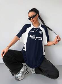 Coolane Women's Summer Streetwear Going Out Round Neck Short Sleeve Blue Jersey T-Shirt - Navy Blue - View 4