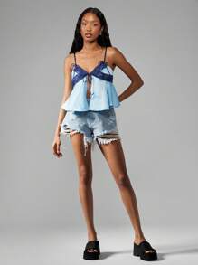 MISSGUIDED Flirty Babydoll Summer Cami Top Lace Trim Empire Waist Peplum Adjustable Straps Club Festival Night - Blue - View 3
