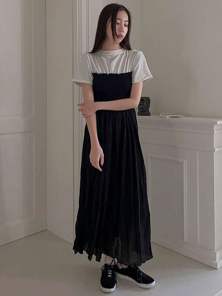 Long Patchwork Summer Slim Fit Black T-Shirt Dress For Women,Casual Women Dresses