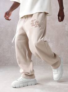 SUMWON 超大码慢跑运动裤刺绣运动家居裤冬季休闲运动训练街头装高品质抽绳腰部舒适旅行健身 - 卡其色 - 查看 4