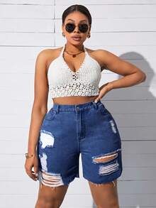 SHEIN SXY Plus Size Ripped Denim Shorts, Fashionable For Summer Ripped Jean Shorts - Dark Wash - View 3