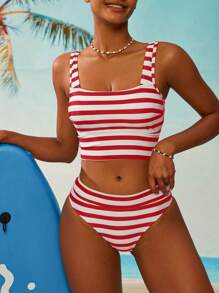 Swim Mod 女士条纹印花吊带背心和三角内裤比基尼套装 - 紅白色 - 查看 3