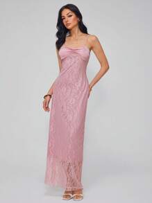 Roylia 女士优雅缎面与撞色蕾丝细肩带连衣裙，修身剪裁