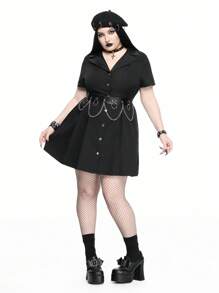 ROMWE Goth Vestito fasciato con stile college gotico vintage, collo in PU, bottoni in metallo, taglio linea A, per taglie forti