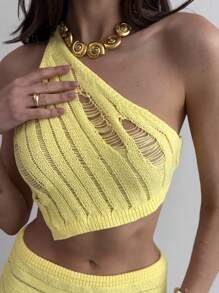 Aloruh 2 Stücke sexy Schulter-ausschnitt Kurzer Pullover & Mini Rock Set für Damen - Gelb - Übersicht 7
