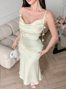 DAZY Women's Summer Satin Floral 3D Decor Elegant Sleeveless Dress, Casual Sexy Minimalist Holiday Party Maxi Slip Dress Wedding Women Dresses - Beige - View 3