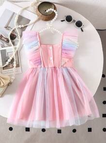 SHEIN Baby Girl   Fitted Cute Pink Woven Patchwork Colorful Mesh Ruffle Butterfly Trim Summer Dress - Multicolor - View 2