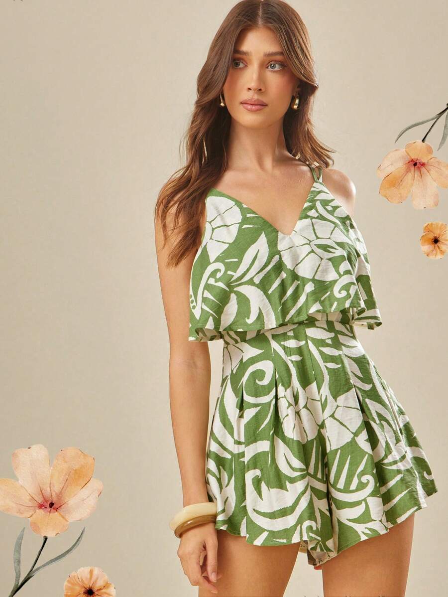 L'Amorae 女式可爱夏季优雅度假印花热带花卉连体衣