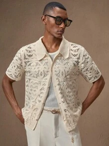 AKNOTIC Business Casual Men's Crochet Knitted Apricot Hollow Out Casual Loose Short Sleeve Knit Shirt, Suitable For Summer, Vacation, Everyday, Party, Couple Matching, Father's Day Gift