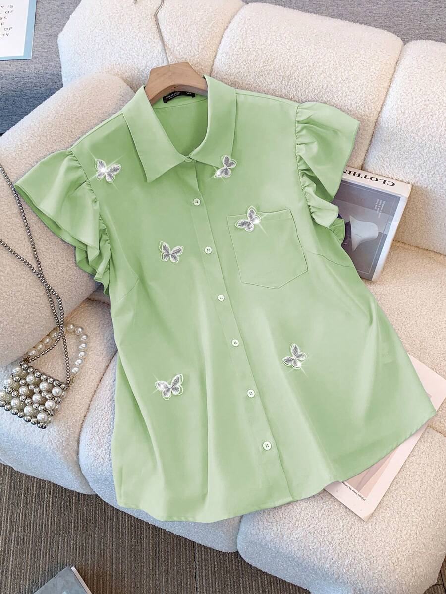 SHEIN Clasi Plus Size Women Blue Polo Collar Bow Blouse - Green - View 1