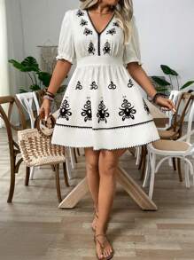 Breezaya V-Neck Puffy Sleeve Printed Elegant Dress - Black and White - View 3