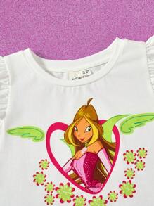 The Winx X SHEIN Young Girl Summer 2pcs Outfit Cartoon Girl Glitter Star Cap Sleeve Top & Heart Full Print Pink Bow Shorts