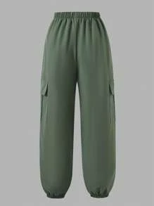SHEIN 2pcs Set: Teen Girl Casual Cool Graphic Print Round Neck Short Sleeve T-Shirt Top And Loose Cargo Pocket Pants, Army Green Chic Outfit For Everyday And Outing