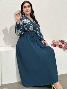 Modelyn Plus Size Women's Elegant Floral Print Belted Dress With Waist Decor Maxi Women Outfit Long Evening Dresses - Blue - View 6