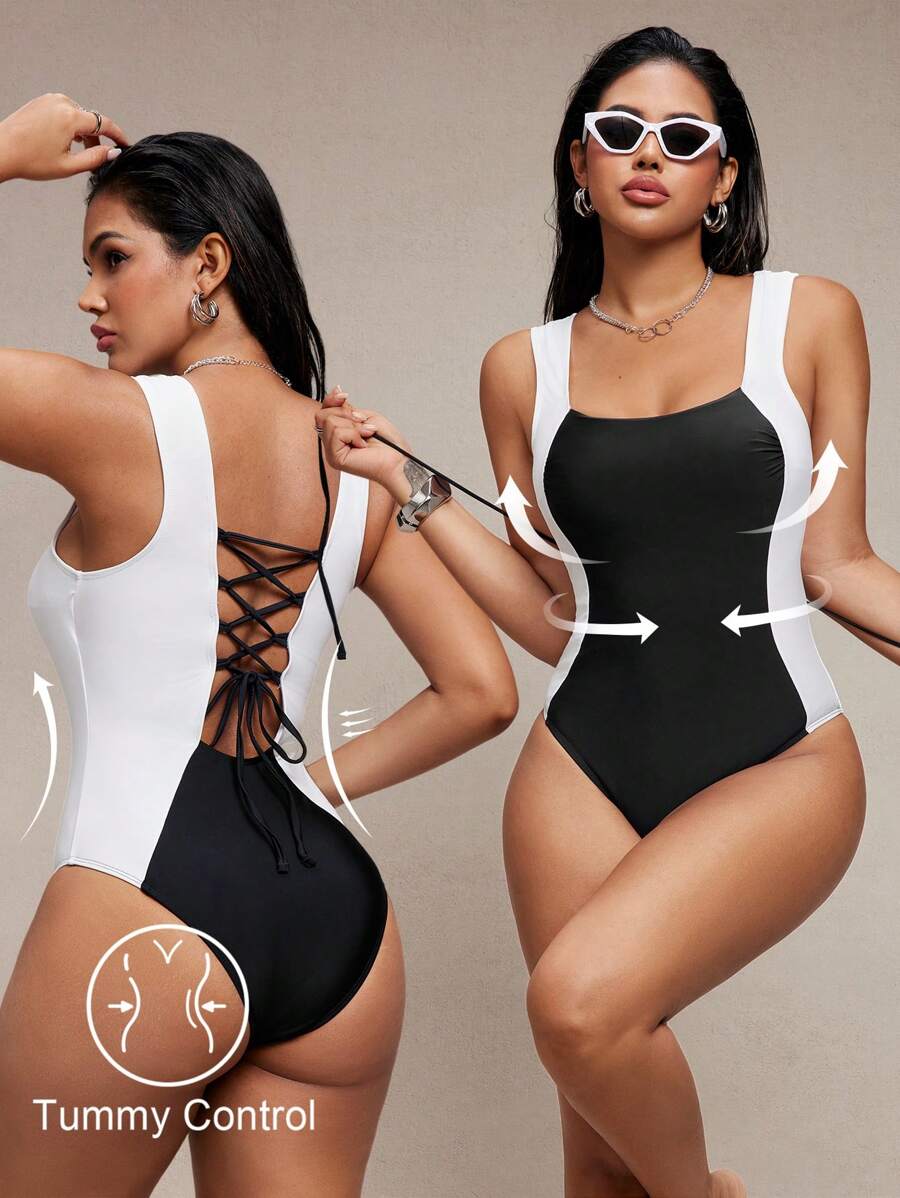 Shapewave Summer New Women's Sexy Drawstring Contrast Color One-Piece Swimsuit Shapewear - Black and White - View 1