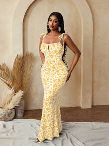 BamGleam Women Floral Print Bodycon Sexy Fashion Elegant Party Vacation Festival Summer Dress - Yellow - View 6