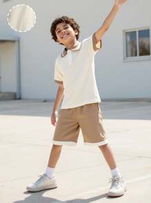 SHEIN Set de 2 piezas con camisa de polo a rayas de manga corta y pantalones cortos casuales para niño preadolescente