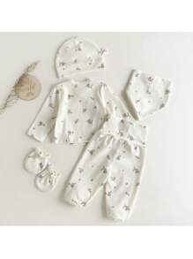 Loomiva Newborn Baby Girl 5pcs/Set Floral Print Soft Knit Long Sleeve Pullover Top, Elastic Waist Pants, Hat, Gloves, Bib Set