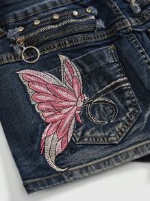 ROMWE Grunge Punk Plus Size Retro Washed Butterfly Embroidered Fitted Mini Denim Skirt - Dark Wash - View 4