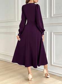 Modelyn 女士纯色圆领灯笼袖褶皱长款优雅连衣裙，秋季长款晚礼服 - 中紫紅色 - 查看 2