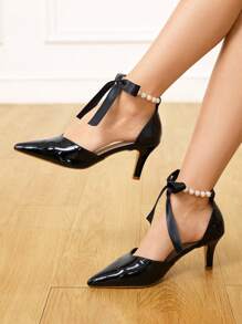 CUCCOO HITCHD Women's Pearl Ribbon Chain Ankle Tie Pointed Toe Stiletto High Heel Shoes, Sweet And Elegant, Classic Black Patent PU Leather Hollow-Out Pumps For Wedding, Bridesmaid, Princess, Party, Prom - Black - View 9