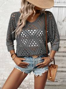 Breezaya Women's Loose Casual 3/4 Sleeve Hollow-Out Knit Sweater Knit Pullover Fall Winter - Grey - View 3