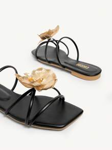 CUCCOO CHICEST Women's Iris Flower Strap Criss-Cross Square Toe Flat Sandals, Elegant Casual Black & Gold Faux Leather Ladies Summer Beach Flip Flops, Suitable For Afternoon Tea, Vacation, Beach, Hawaii - Black - View 12