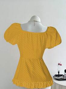 SHEIN Unity Camisa casual de manga corta con cuello cuadrado, estampado de lunares y dobladillo de volantes - Amarillo - Ver 2