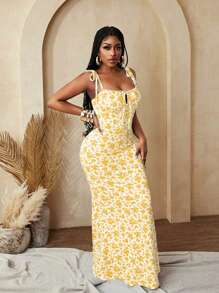 BamGleam Women Floral Print Bodycon Sexy Fashion Elegant Party Vacation Festival Summer Dress - Yellow - View 7